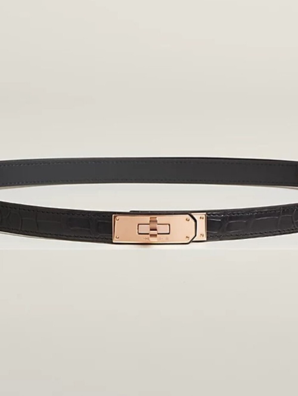 NWOT Hermes Black Croc-Embossed Leather Belt with Rose Gold Hardware
